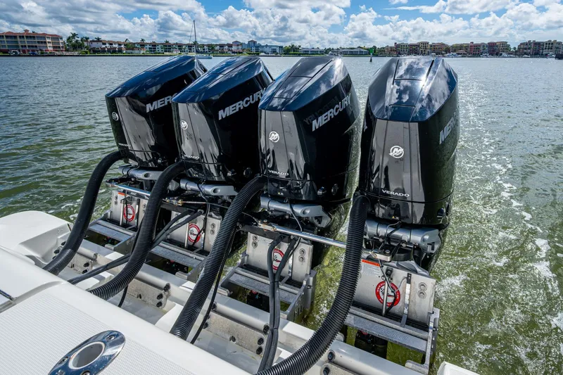 Absent Minded Yacht Photos Pics 2014 SeaVee 430 boat with four powerful Mercury Verado engines on the water.