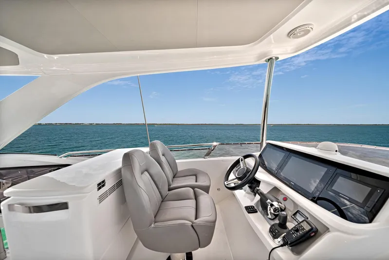 Mine Escape Yacht Photos Pics Flybridge helm of 2020 Princess F55 yacht with ocean view.