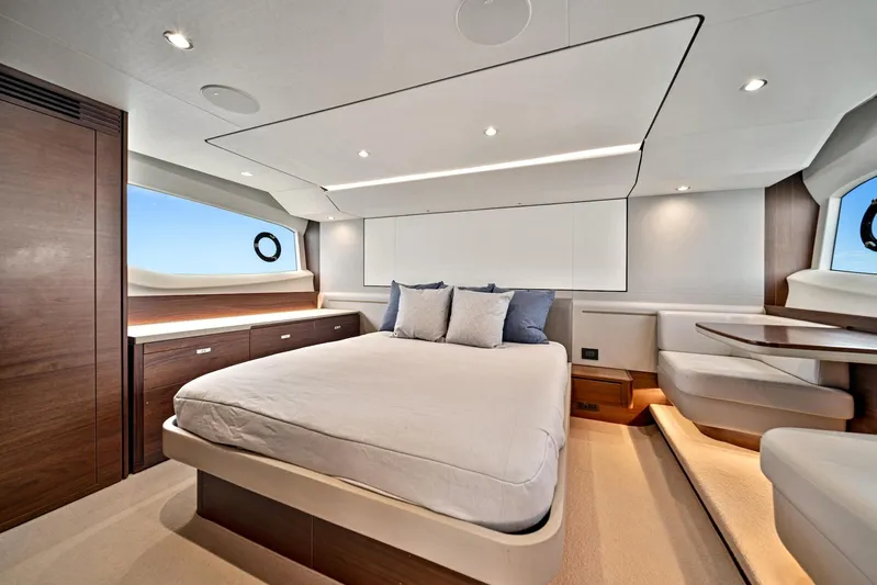 Mine Escape Yacht Photos Pics Luxurious bedroom interior of 2020 Princess F55 Flybridge yacht.