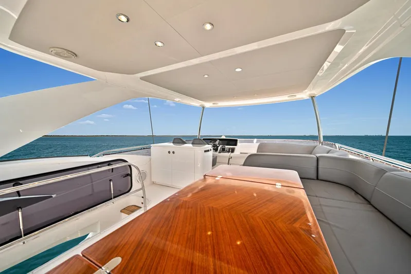 Mine Escape Yacht Photos Pics 2020 Princess F55 Flybridge yacht with luxurious seating and ocean view.