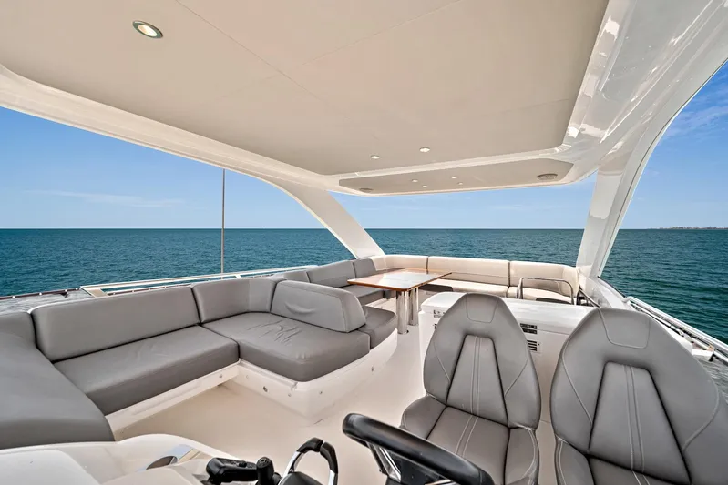 Mine Escape Yacht Photos Pics 2020 Princess F55 Flybridge yacht with luxurious seating and ocean view.