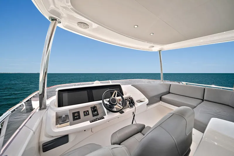 Mine Escape Yacht Photos Pics Flybridge of 2020 Princess F55 yacht with ocean view and modern seating.