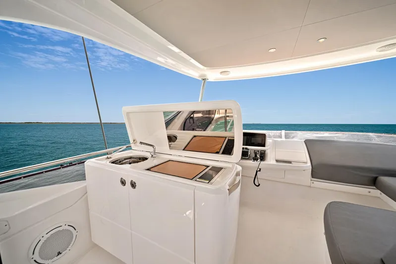 Mine Escape Yacht Photos Pics Flybridge of 2020 Princess F55 yacht with ocean view and modern amenities.