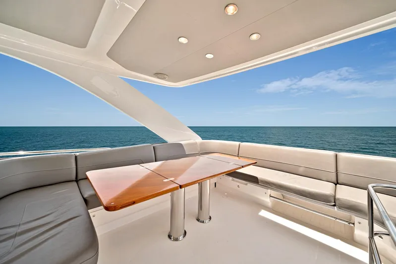 Mine Escape Yacht Photos Pics Flybridge seating area on a 2020 Princess F55 yacht with ocean view.