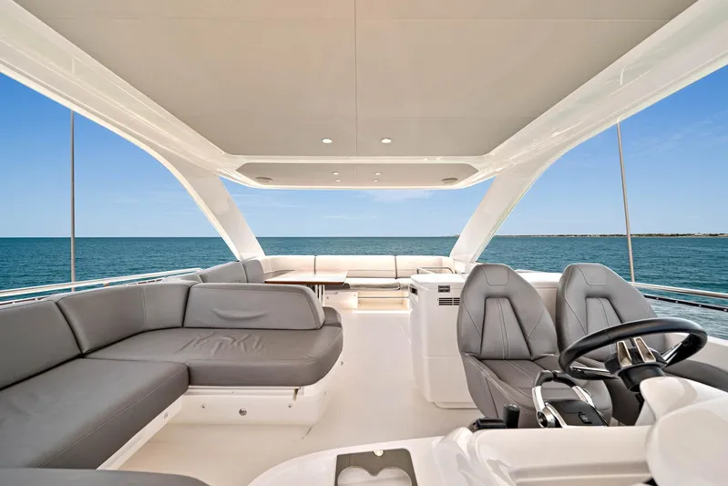 Mine Escape Yacht Photos Pics Luxurious 2020 Princess F55 Flybridge yacht interior with ocean view.