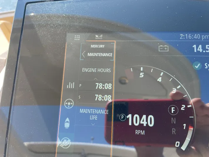  Yacht Photos Pics Dashboard of 2021 Sea Ray SLX 310 showing engine hours and RPM.