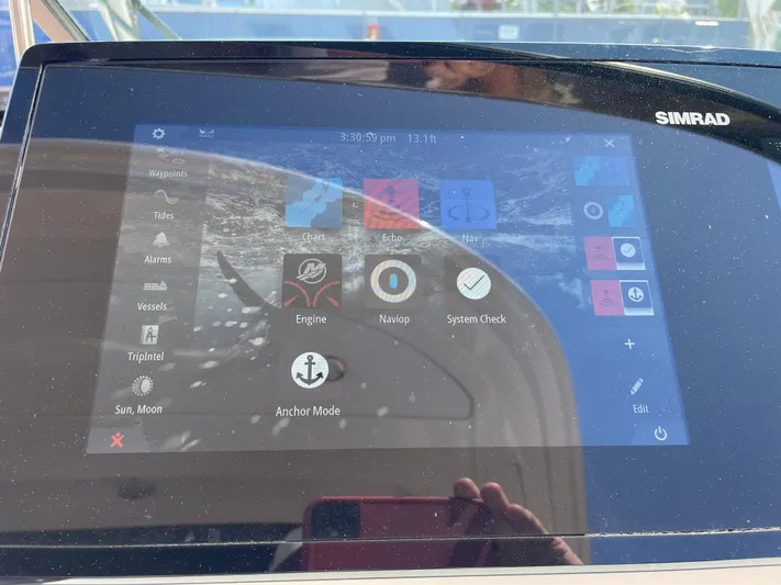  Yacht Photos Pics Simrad display on 2021 Sea Ray SLX 310 boat showing navigation and system controls.