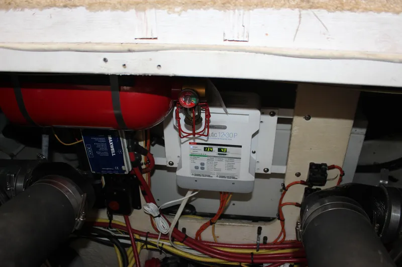  Yacht Photos Pics Engine room of 2007 Silverton 36 Convertible with electrical components and wiring.