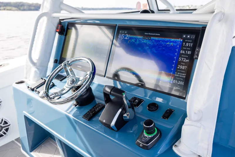 Fishistics Yacht Photos Pics 2024 Yellowfin 42 Offshore boat dashboard with advanced navigation system and controls.