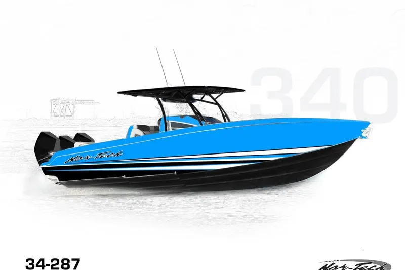  Yacht Photos Pics 2025 Nor-Tech 340 Sport Center Console boat, blue hull, sleek design, powerful engines.