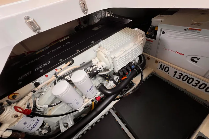 Silver Lining, Name Reserved Yacht Photos Pics Engine compartment of 2017 Tiara Yachts 39 Coupe, featuring Cummins Onan generator.