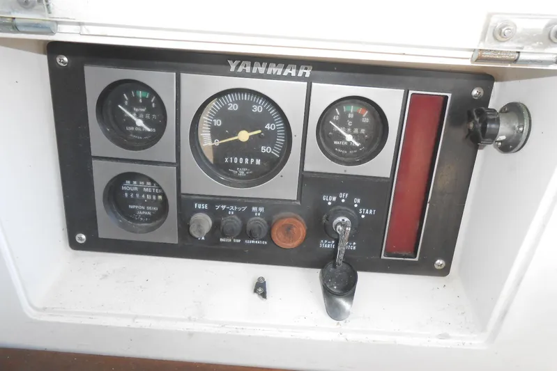 Second Kiss Yacht Photos Pics Control panel of a 1989 Norseman 447 boat with Yanmar engine gauges.