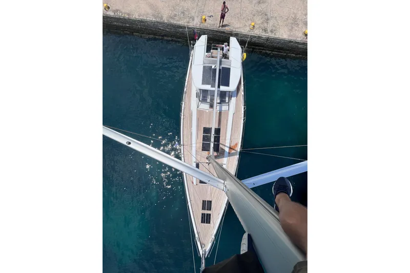  Yacht Photos Pics Aerial view of 2023 Hanse 588 yacht docked at a marina.