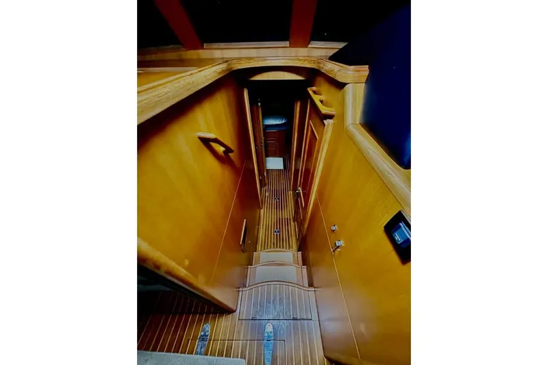 Prairie Sky Yacht Photos Pics Staircase inside 2008 Ocean Alexander 48C Classicco yacht with wooden interior.
