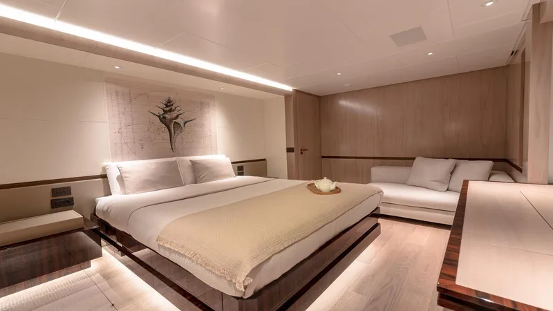 Oceanic 143 Yacht Photos Pics Luxurious bedroom interior on 2023 Canados 143 yacht, featuring modern design and elegant furnishings.