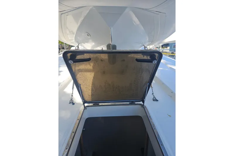 "fortunate" Yacht Photos Pics Open hatch on 1995 Johnson Flybridge Motoryacht, revealing interior access.