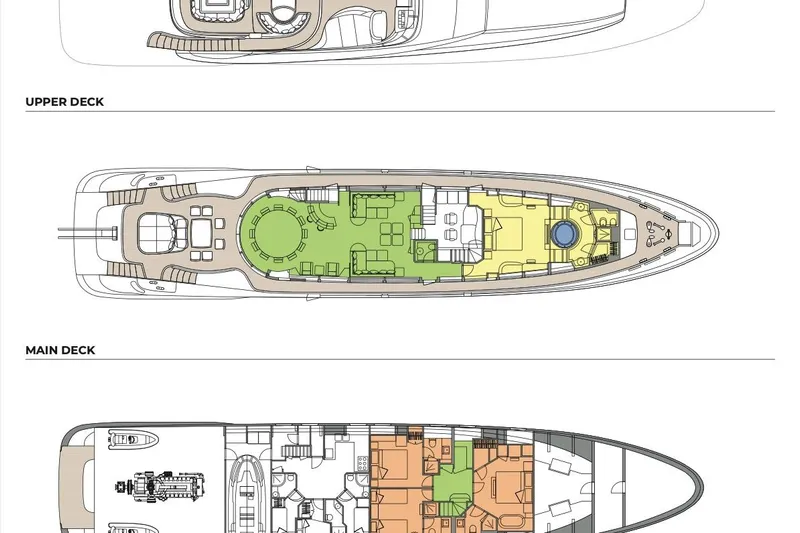 Matsu Yacht Photos Pics Deck layout of 2007 ISA 120 Sport yacht, featuring upper and main deck plans.