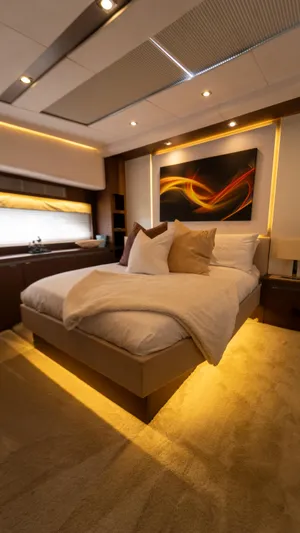 Yachtooma Yacht Photos Pics Luxurious bedroom interior of 2017 Present Yachts 680 with modern decor and ambient lighting.