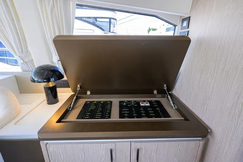 Bg 53 Yacht Photos Pics 2024 Azimut 53 Fly yacht interior with control panel and modern lamp.