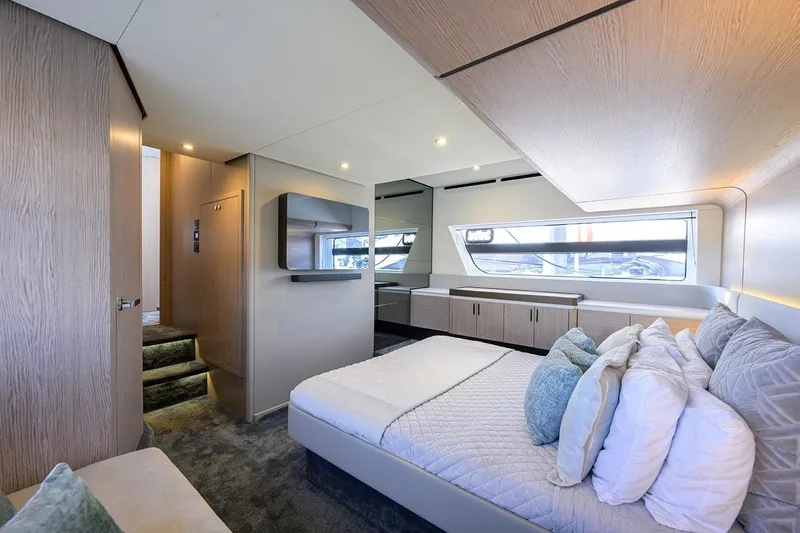 Bg 53 Yacht Photos Pics Luxurious interior of 2024 Azimut 53 Fly yacht with modern bedroom design.