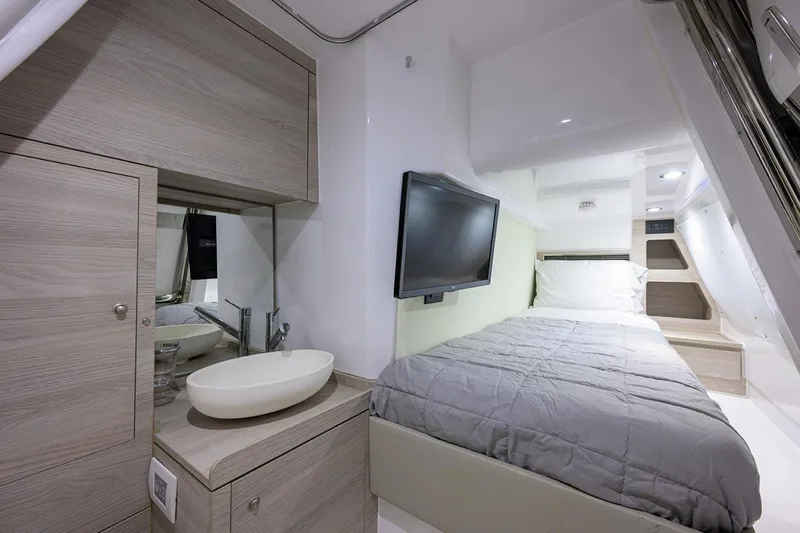 Bg 53 Yacht Photos Pics Luxurious cabin interior of 2024 Azimut 53 Fly yacht with modern amenities.