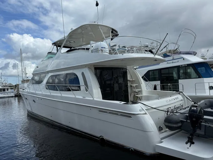 Endymion Yacht Photos Pics 2006 Carver 56 Voyager yacht docked at marina under cloudy sky.