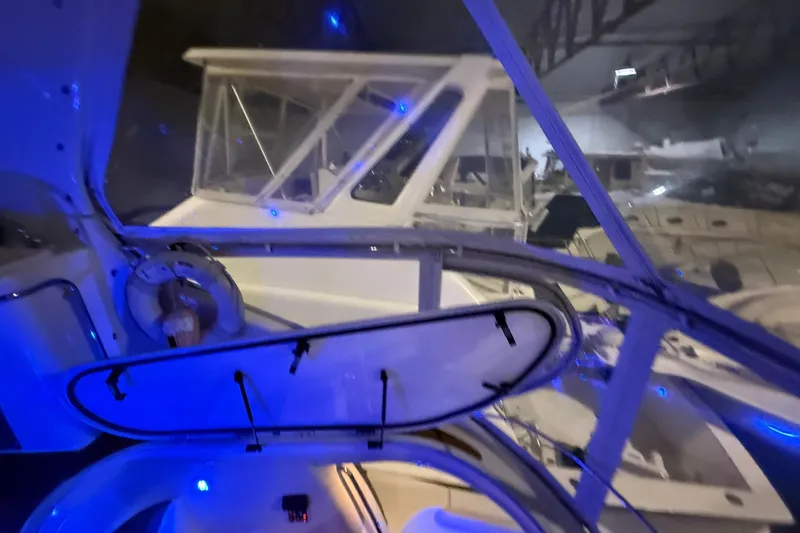 Orion Yacht Photos Pics Interior view of a 2004 Carver 460 Voyager yacht with blue ambient lighting.