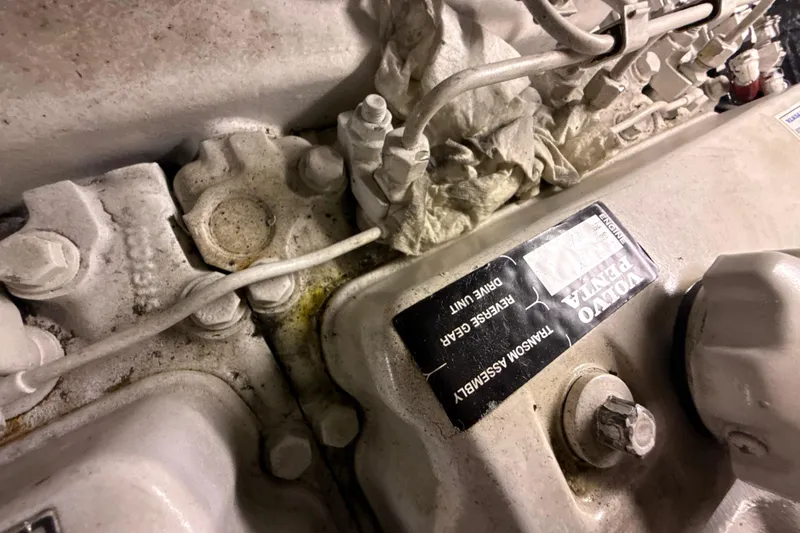 Orion Yacht Photos Pics Engine components of a 2004 Carver 460 Voyager with Volvo Penta label visible.