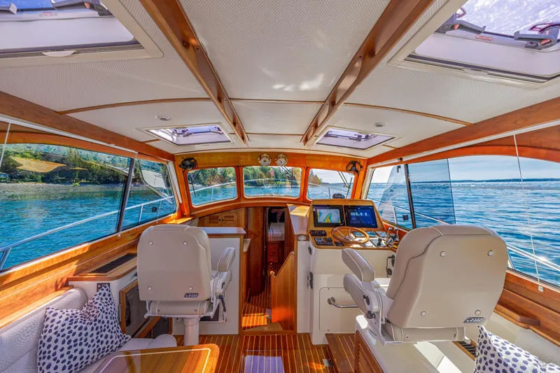 Maine Squeeze Yacht Photos Pics Luxurious interior of 2009 Hinckley Talaria 44 MY yacht with scenic ocean view.