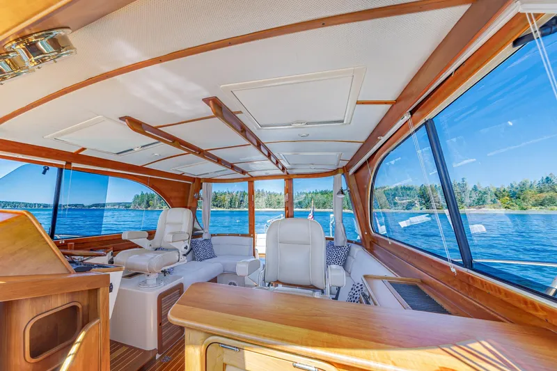 Maine Squeeze Yacht Photos Pics Luxurious interior of 2009 Hinckley Talaria 44 MY yacht with scenic ocean view.
