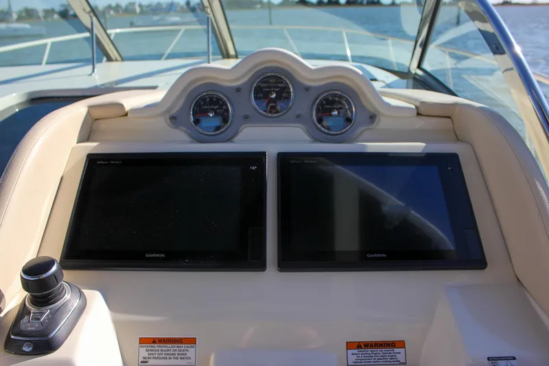 Phoenix Yacht Photos Pics 2017 Chris-Craft Launch 38 dashboard with Garmin displays and control panel.