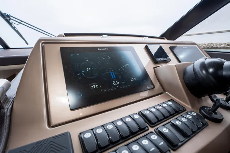 Seeworthy Yacht Photos Pics Control panel of 2018 Prestige 560 yacht with Raymarine navigation display.