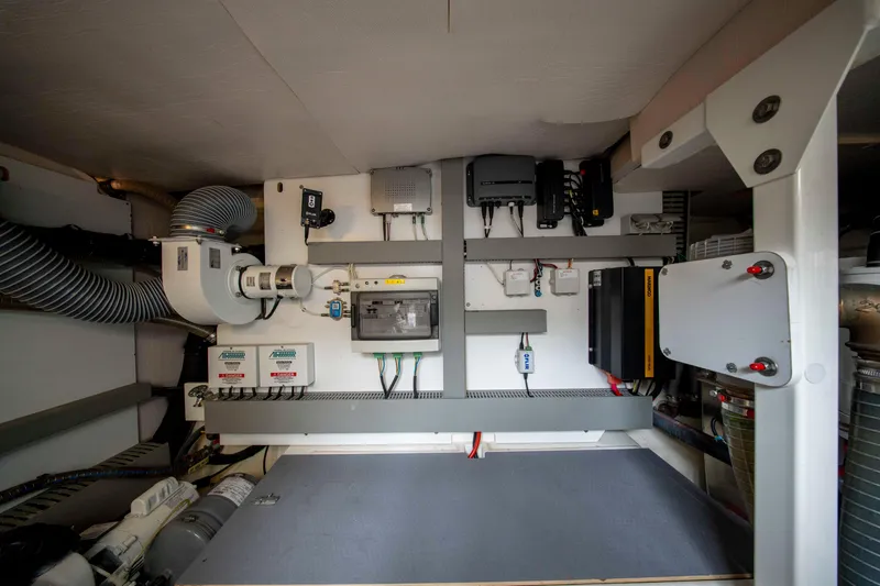 Seeworthy Yacht Photos Pics Engine room of a 2018 Prestige 560 yacht with advanced mechanical systems.