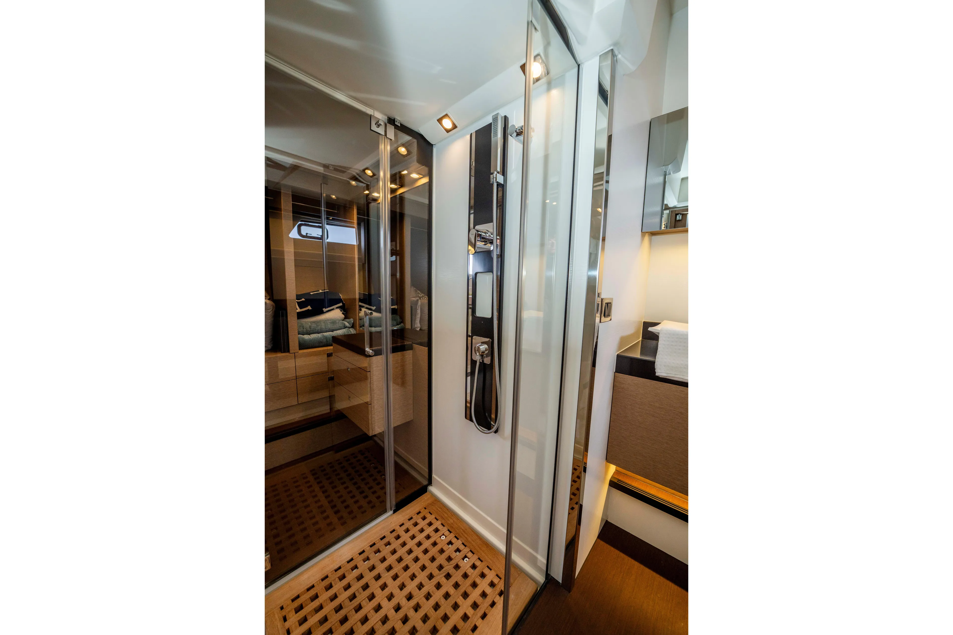 Seeworthy Yacht Photos Pics Luxurious bathroom interior of 2018 Prestige 560 yacht with modern shower design.