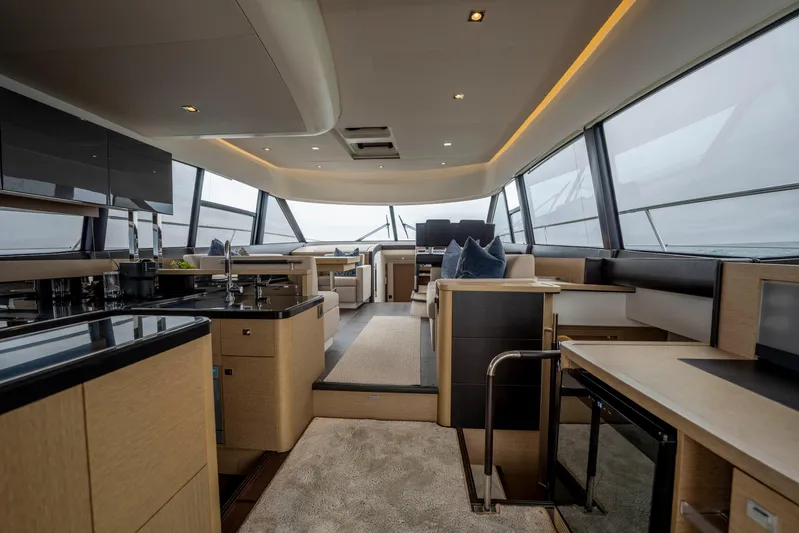 Seeworthy Yacht Photos Pics Luxurious interior of 2018 Prestige 560 yacht with modern design and panoramic windows.