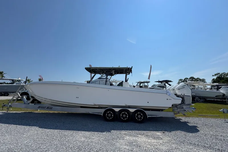  Yacht Photos Pics 2022 Nor-Tech 392 Super Fish boat on trailer under clear blue sky.