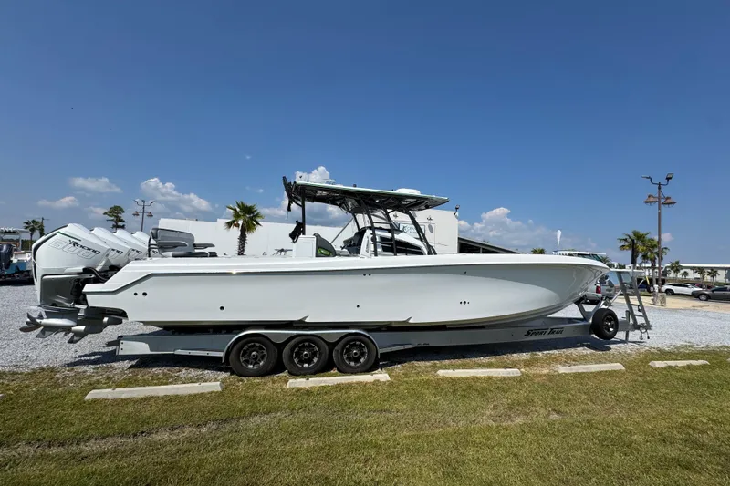  Yacht Photos Pics 2022 Nor-Tech 392 Super Fish boat on trailer under clear blue sky.