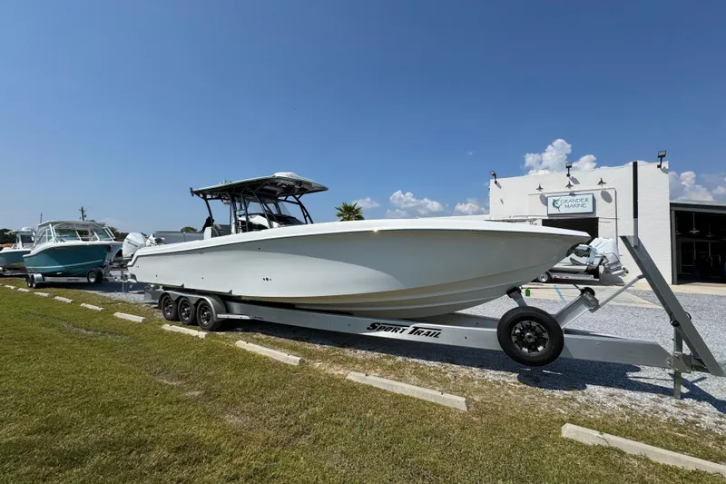  Yacht Photos Pics 2022 Nor-Tech 392 Super Fish boat on trailer at Grander Marine dealership.