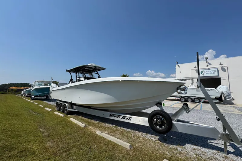 Yacht Photos Pics 2022 Nor-Tech 392 Super Fish boat on trailer at Grander Marine dealership.