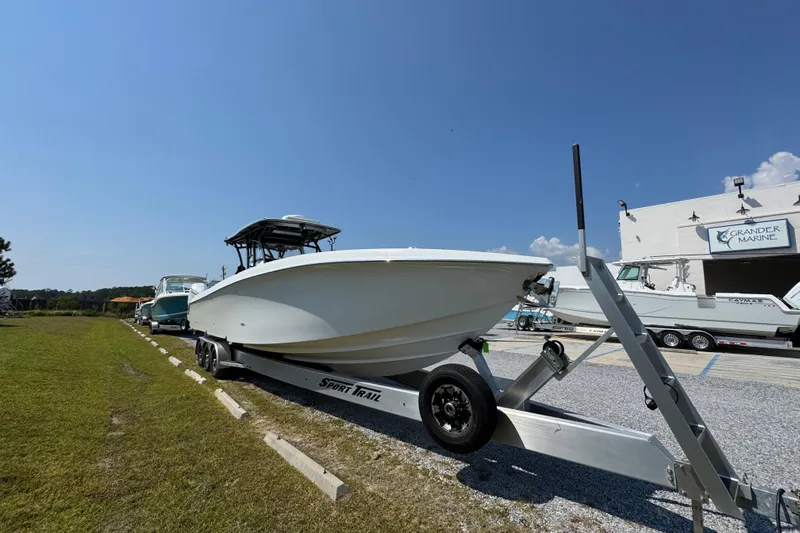  Yacht Photos Pics 2022 Nor-Tech 392 Super Fish boat on trailer at Grander Marine dealership.