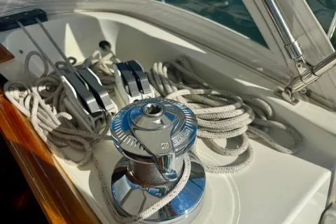 Symphony V Yacht Photos Pics Deck of 1999 Hinckley Sou'wester 52 with winch and coiled ropes.