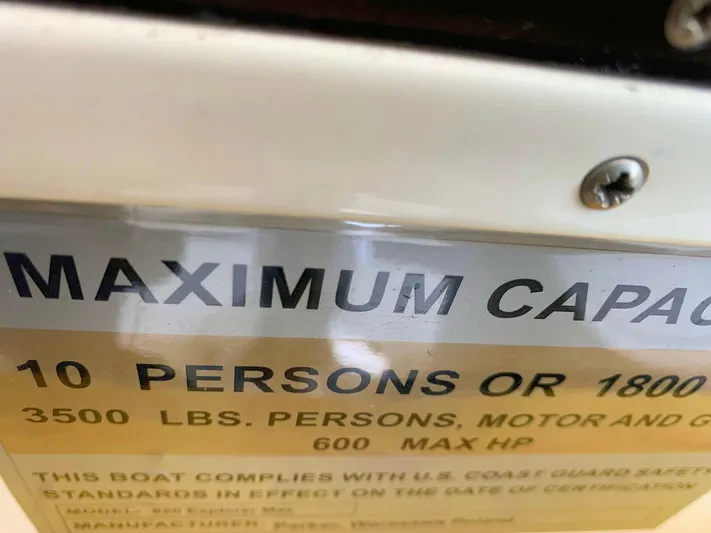  Yacht Photos Pics Maximum capacity sign on Parker Poland Hussar Skamander 920 Explorer MAX, 2022 model.