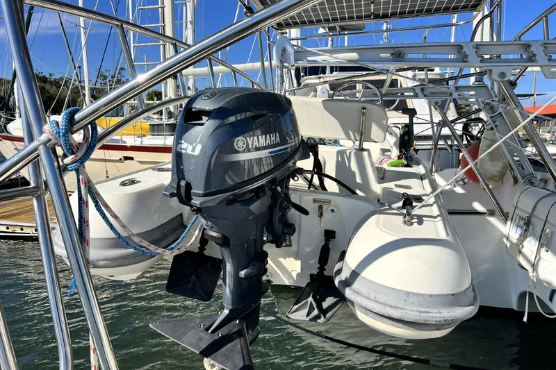 Evolution Yacht Photos Pics Yamaha outboard motor on 2011 Privilege 495 catamaran, docked at marina.