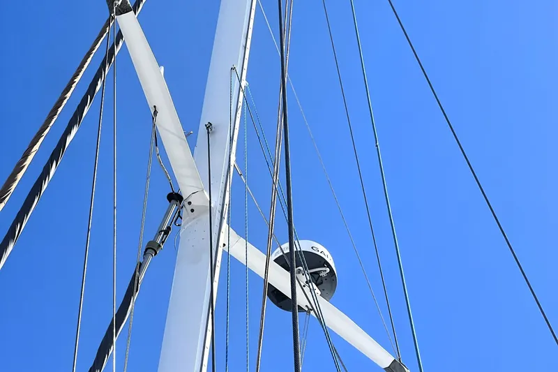Evolution Yacht Photos Pics Sailboat mast and rigging against clear blue sky, Privilege 495, 2011 model.