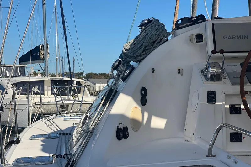 Evolution Yacht Photos Pics Sailboat cockpit with ropes and Garmin equipment, Privilege 495, 2011 model.