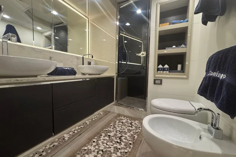  Yacht Photos Pics Luxurious bathroom in 2017 Absolute 60 Fly yacht with modern fixtures and elegant design.