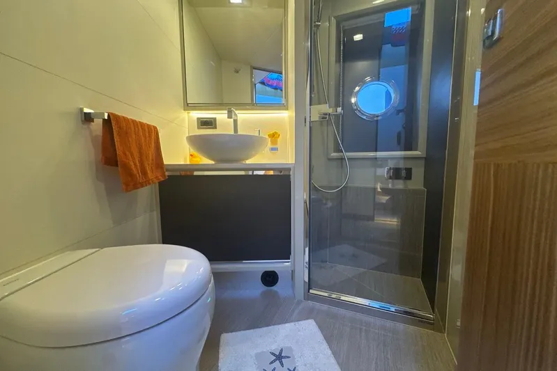  Yacht Photos Pics Luxurious bathroom in 2017 Absolute 60 Fly yacht with modern fixtures and elegant design.