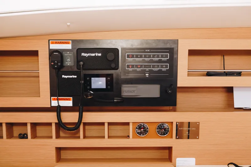 Valinore Yacht Photos Pics Control panel of 2023 Jeanneau Sun Odyssey 490 yacht with Raymarine equipment.