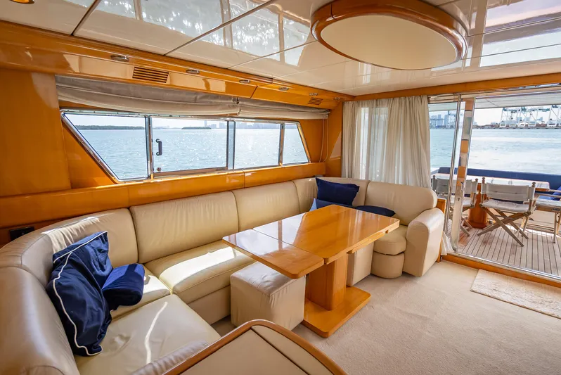 Bramamare Yacht Photos Pics Luxurious interior of a 1995 Sanlorenzo 62 yacht with elegant seating and ocean view.