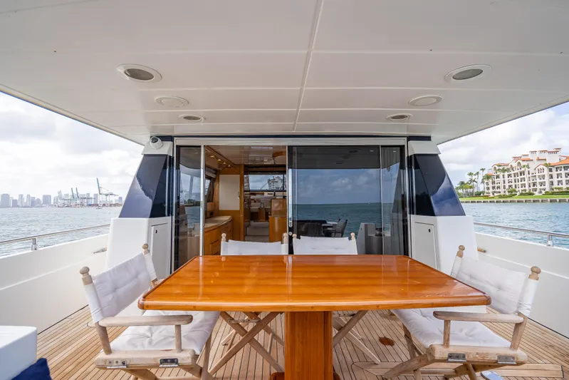 Bramamare Yacht Photos Pics Outdoor dining area on a 1995 Sanlorenzo 62 yacht with ocean view.